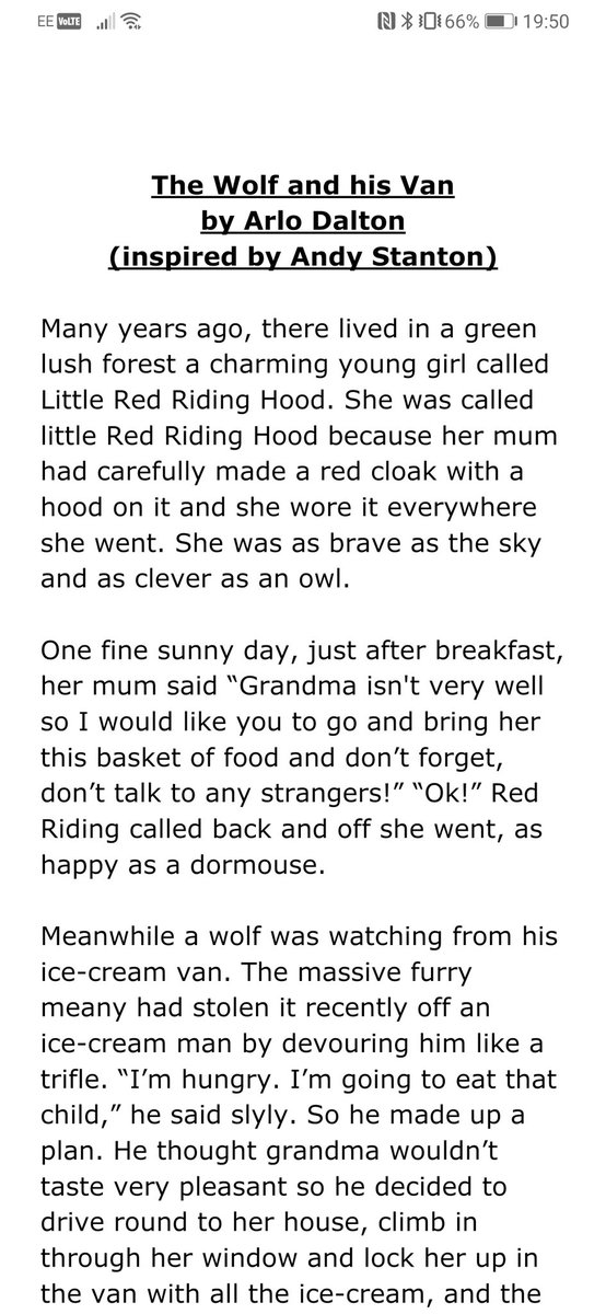 WarrenG_Dalton's tweet photo. @AndyStanton15 our 7 yr old is a huge fan (5 yr old is too, but that's for another day). He's been self-isolating, and as part of his English homework he's been asked to retell the story of Little Red Riding Hood. He was adamant he wanted to write like you. This is the result. https://t.co/rpQDsV9vzU