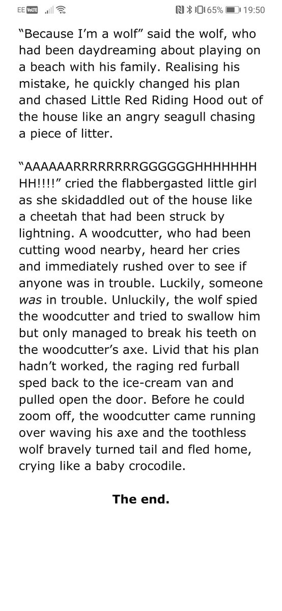 WarrenG_Dalton's tweet photo. @AndyStanton15 our 7 yr old is a huge fan (5 yr old is too, but that's for another day). He's been self-isolating, and as part of his English homework he's been asked to retell the story of Little Red Riding Hood. He was adamant he wanted to write like you. This is the result. https://t.co/rpQDsV9vzU