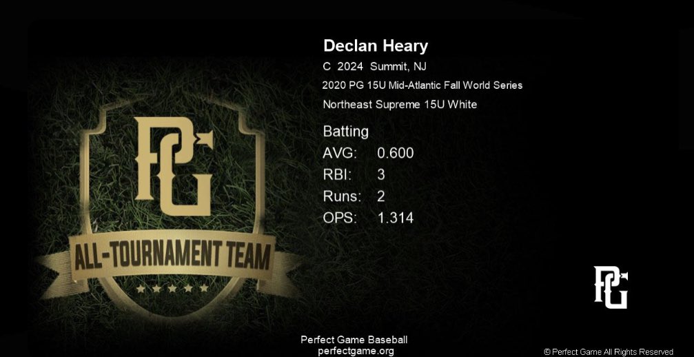 DeclanHeary's tweet photo. Solid way to end to the fall season - named to the all tournament team for batting and played well at catcher. Now it’s time to get after it in the off-season!   @ne_supreme @GCGritBaseball @PGMidAtlantic @JMAC_PG @PGMidAtlantic https://t.co/XmWtxsXwNd