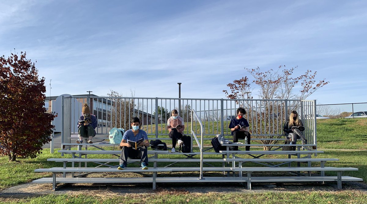 DBTrach's tweet photo. It’s a beautiful day to read outside—socially distanced of course. Diving into FRANKENSTEIN in this gorgeous Nov. day. #CHSAPLit #SocialDistancing #Read @Carmelschools @carmelhslibrary @susangbarber @teacher2teacher @ncte https://t.co/KAaFz5Ftde