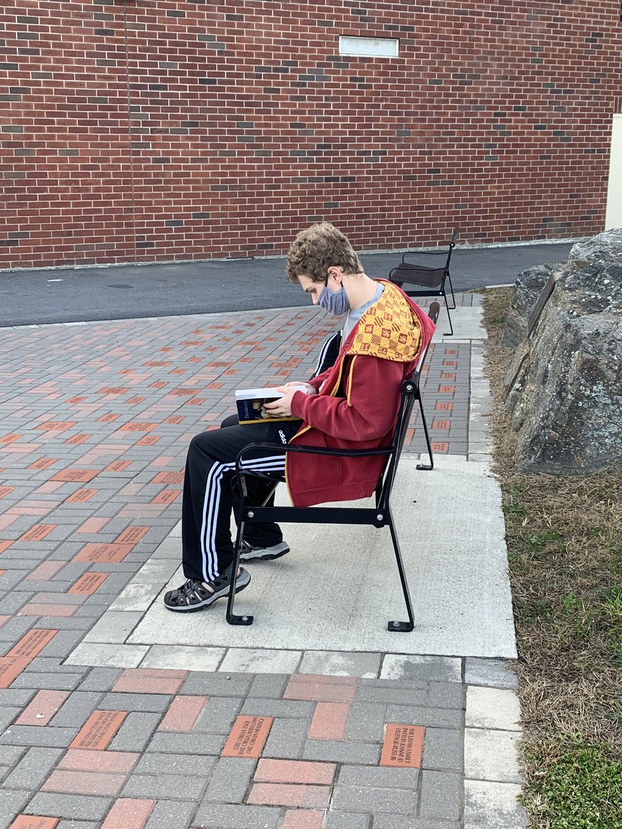 DBTrach's tweet photo. It’s a beautiful day to read outside—socially distanced of course. Diving into FRANKENSTEIN in this gorgeous Nov. day. #CHSAPLit #SocialDistancing #Read @Carmelschools @carmelhslibrary @susangbarber @teacher2teacher @ncte https://t.co/KAaFz5Ftde
