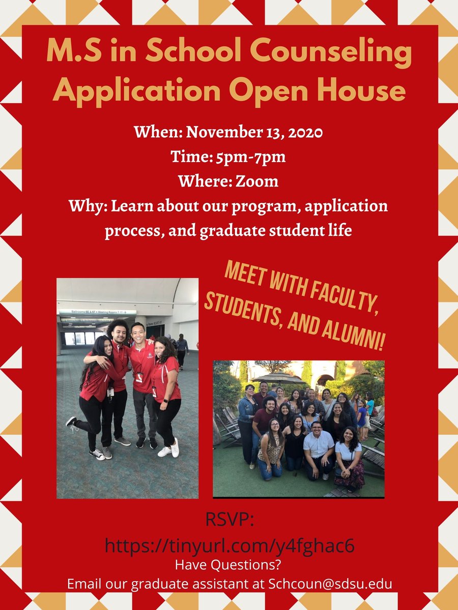 Join us for open house to learn more about our program! #sdsu #sdsuschoolcounseling #sdsu2020 #sdsugrad
RSVP for zoom link.