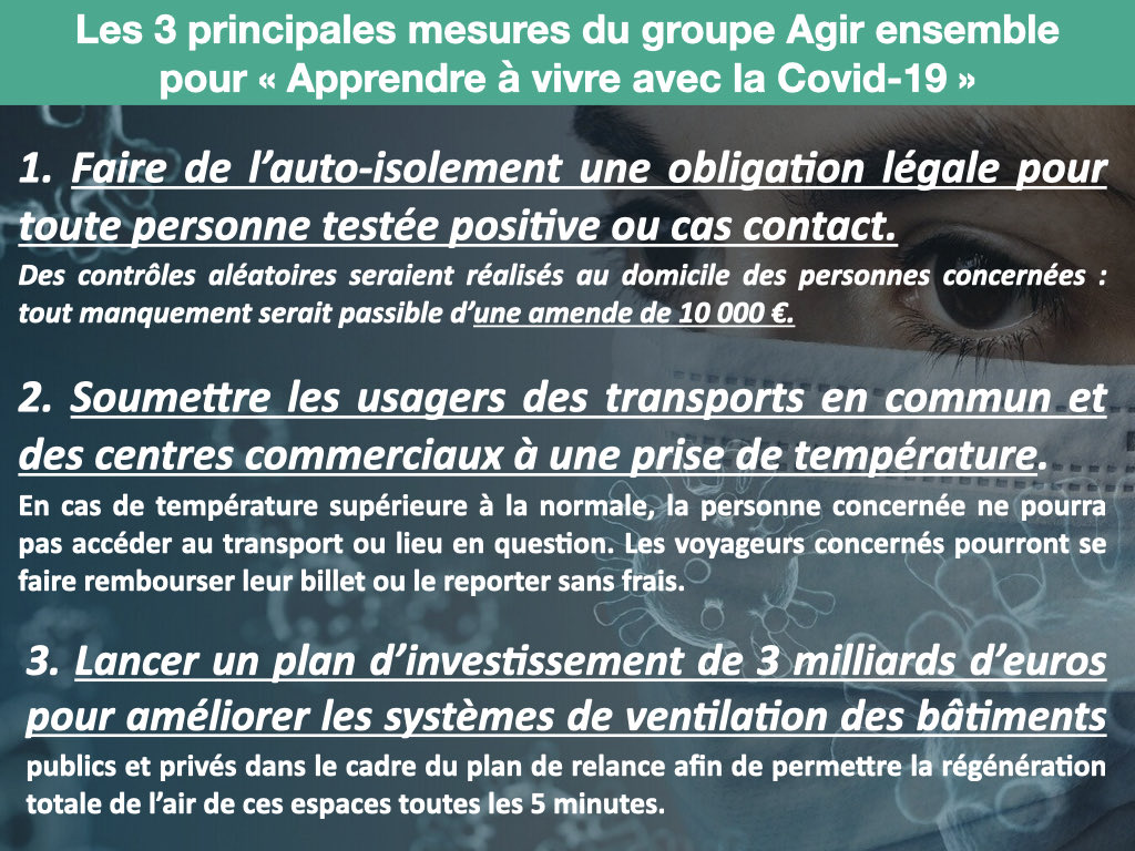 AgirEnsemble_AN's tweet photo. Notre groupe a présenté #30propositions concrètes «pour apprendre à vivre avec la #COVID19» au @gouvernementFR.
➡️Il faut se préparer dès aujourd’hui à retrouver une vie presque normale avec le virus s’il venait à perdurer.

Retrouvez les 30 propositions : https://t.co/oYsu1LPbRf https://t.co/ZgLIcJ7l6m