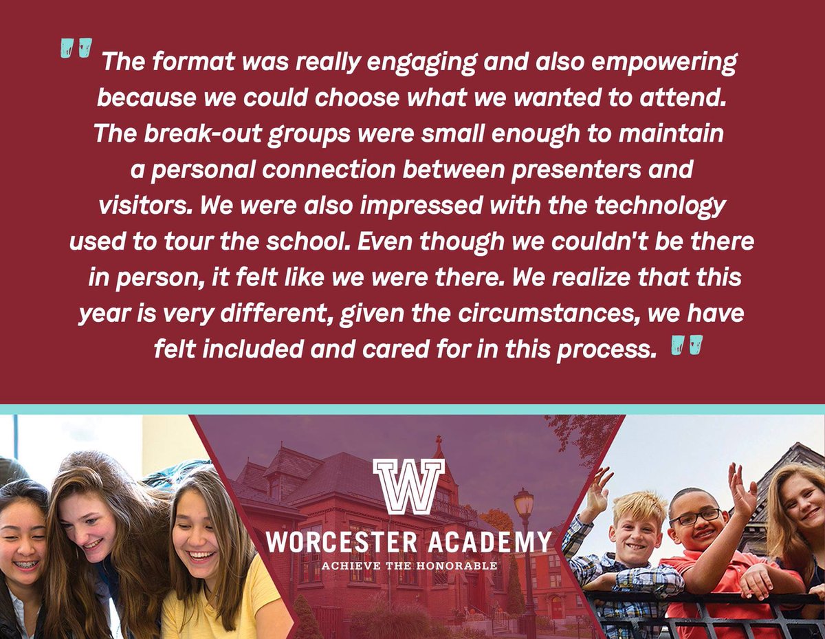 WorcesterAcdmy's tweet photo. We received some amazing feedback from a parent who attended our Oct. 18 Open House!
There’s still time to sign up for the Nov. 8 event—visit https://t.co/1flGY0RJZa to register!
#WorcesterAcademy #WA #WAStudents #AchieveTheHonorable #Worcester #WAOpenHouse #OpenHouse https://t.co/ukrGNqryGA