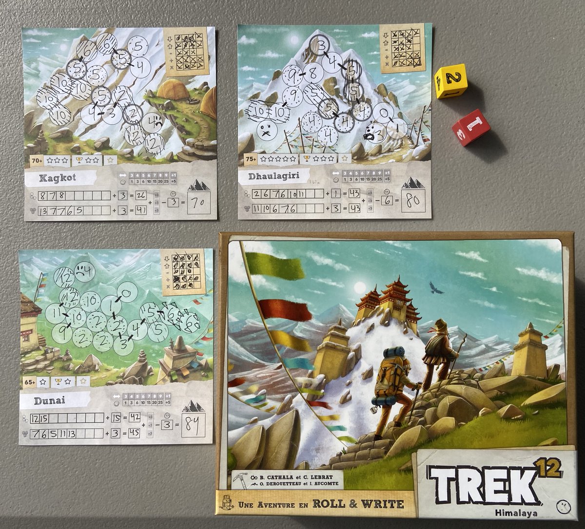 BoardGameGeek's tweet photo. Played three games of Trek 12, a roll-and-write from @BDMontagnes, @Akashinai &amp; @GameCarvers.

Roll dice, then add/subtract/multiply/use-high-or-low-number to fill in a connected space, trying to create lines (sequences) and zones (matching areas) in the Himalayas. Tricky! —WEM https://t.co/irplos7DbE
