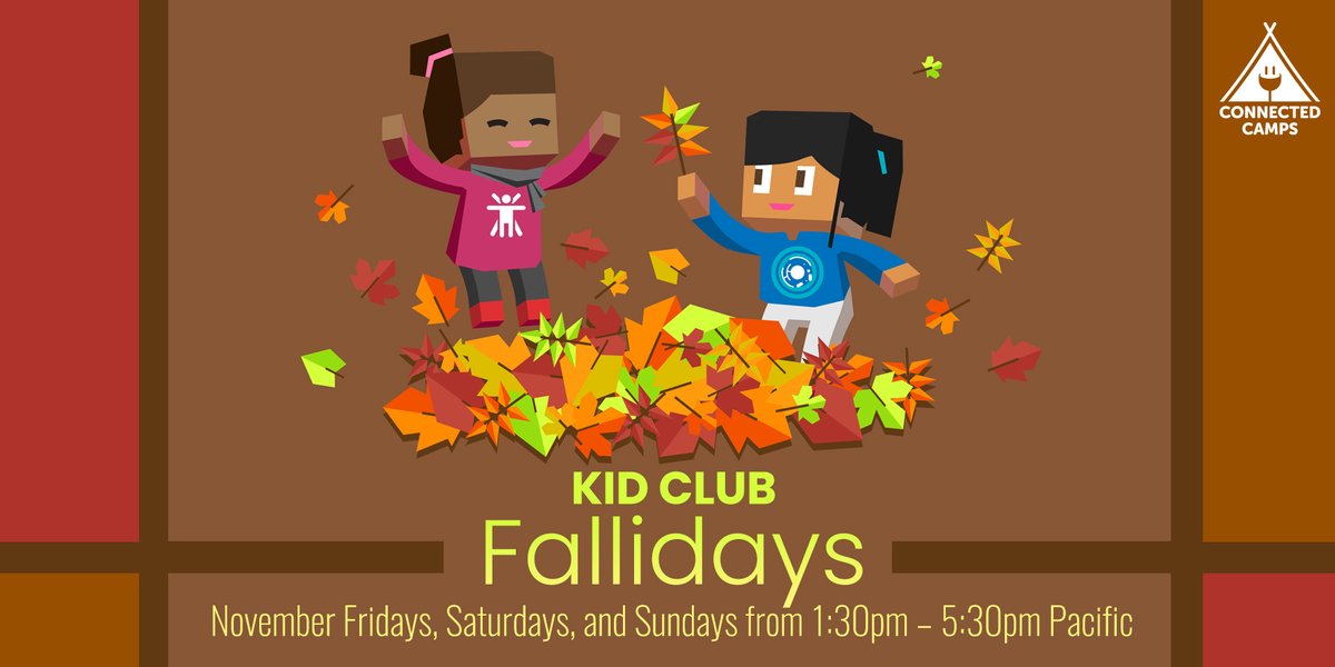 ConnectedCamps's tweet photo. 🔥🌽🍁Hello, #Fallidays🍂🥧🌰
Drop by every weekend in #KidClub from 1:30pm PST to 5:30pm PST for special Autumn events!
To kick off Fallidays, join us tomorrow for our first activities: Pixel Art Farm and Falliday Farmers! https://t.co/tKOKzhsVqU
