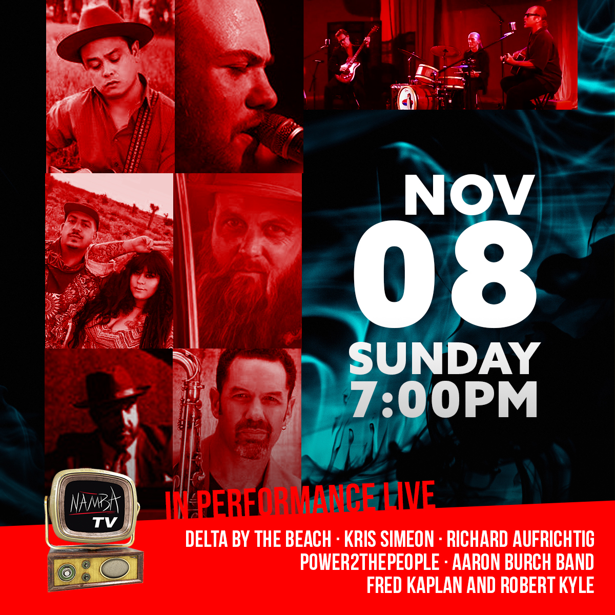 NambaArts's tweet photo. NAMBA presents IN PERFORMANCE LIVE! 
Sunday, November 8 @ 7pm

    Delta By the Beach
    Kris Simeon
    Richard Aufrichtig
    Power2ThePeople
    Aaron Burch Band
    Fred Kaplan &amp; Robert Kyle

#VenturaMusic #californialivemusic https://t.co/Vzrg5tkueg