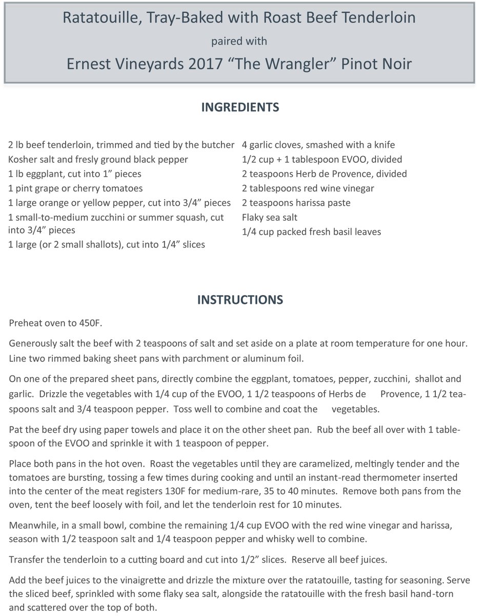 Continuing our #PetalumaGap Thanksgiving recipes is Tray-Baked Ratatouille &amp; Roast Beef Tenderloin paired with <a href="/ErnestVineyards/">Ernest Vineyards</a> 2017 "The Wrangler" Grand Vent Vineyard #PinotNoir (94 points by Antonio Galloni, <a href="/VinousMedia/">Vinous</a>).

members.ernestvineyards.com/wines/

#SonomaCounty #Petaluma