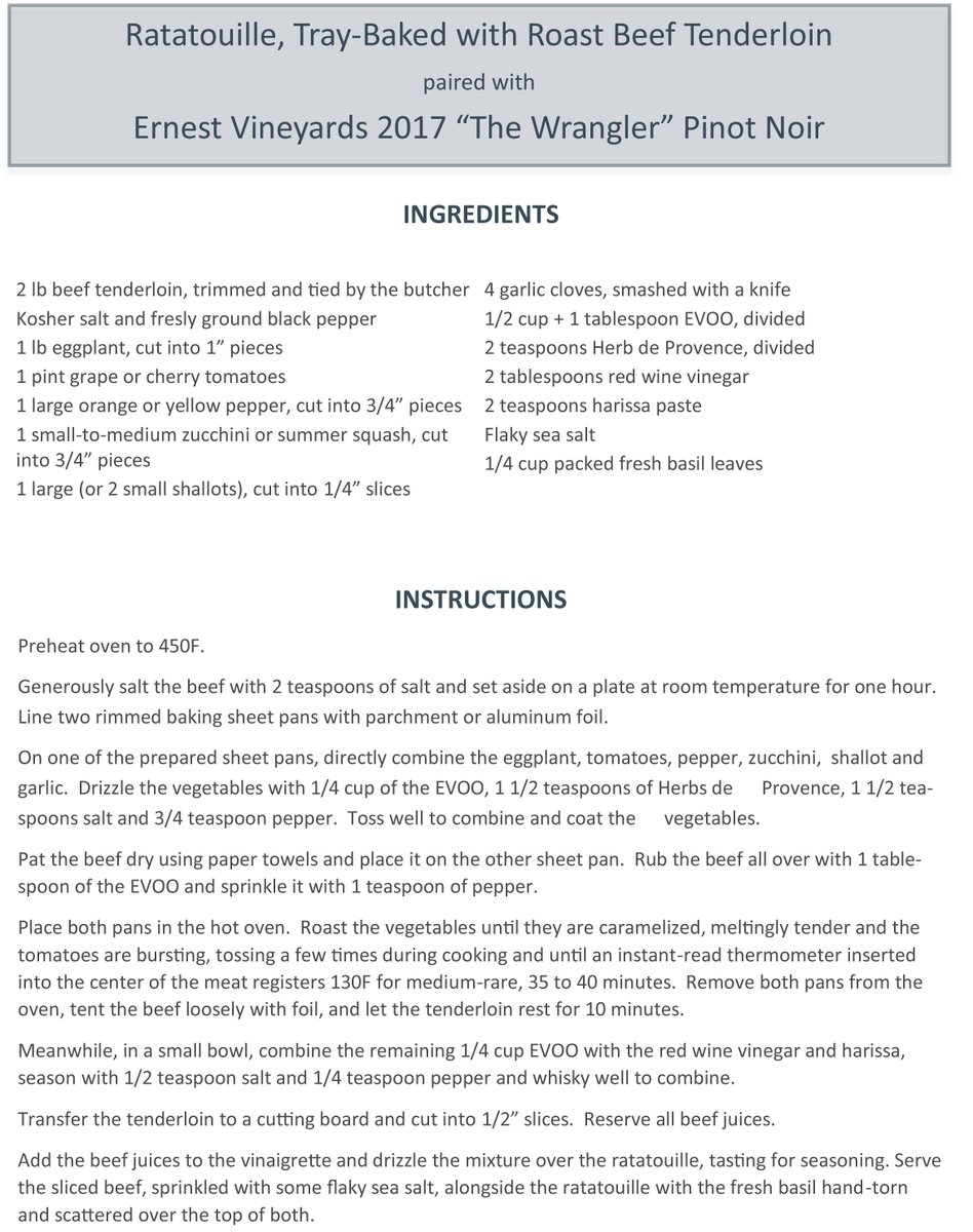 Continuing our #PetalumaGap Thanksgiving recipes is Tray-Baked Ratatouille & Roast Beef Tenderloin paired with @ErnestVineyards 2017 'The Wrangler' Grand Vent Vineyard #PinotNoir (94 points by Antonio Galloni, @VinousMedia). members.ernestvineyards.com/wines/ #SonomaCounty #Petaluma