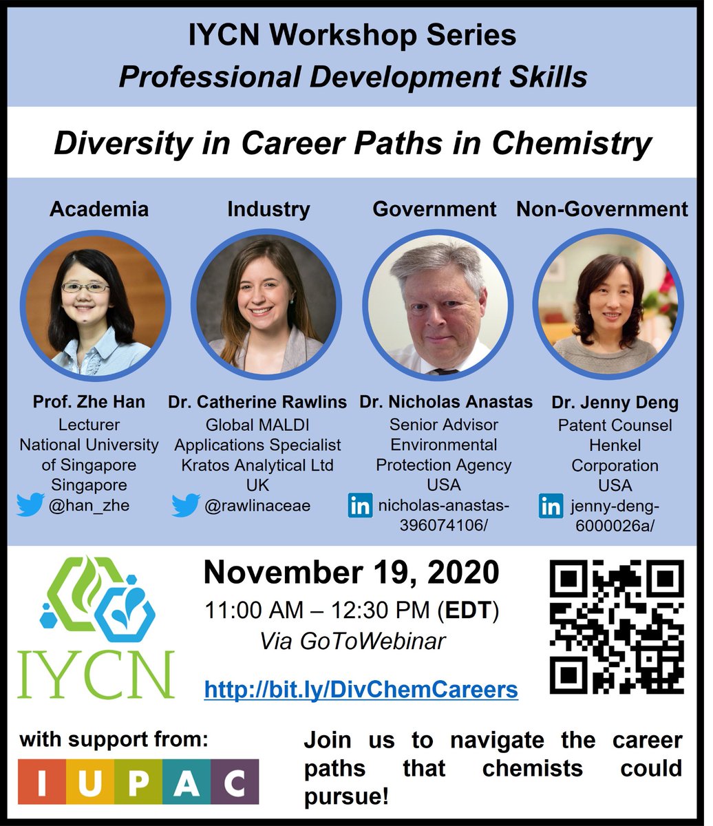 Wondering where a #Chemistry background can take you?
Discover some #ChemJobs by joining <a href="/IntlYoungerChem/">International Younger Chemists Network (IYCN)</a> in a FREE Workshop with <a href="/han_zhe/">Zhe Han, PharmD</a>, @rawlinaceae, Nicholas Anastas &amp; Jenny Deng!
📢Diversity in Career Paths in Chemistry 
📅Nov 19⏰11 am EDT
👉 bit.ly/DivChemCareers
<a href="/IUPAC/">IUPAC</a>