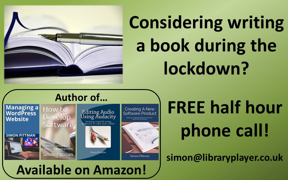 LibraryPlayer's tweet photo. @ALLinBIZnet If anyone at #allinbizhr is considering writing a book during current restrictions, I'm happy to help with a FREE half hour phone call.

No sales pitches - I'll answer any questions, discuss options for self publishing and hopefully help point you in right direction. https://t.co/G8DwAfI27m