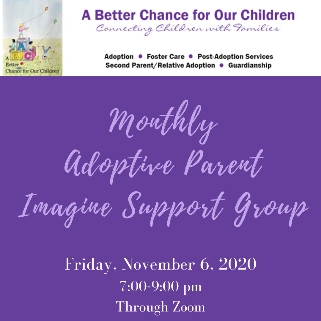 AbcfocDel's tweet photo. Our Wilmington IMAGINE Adoptive Support Group will be held this Friday, November 6, 2020 from 7-9 pm via Zoom.
#adoptionsupport #postadoptionservices #adoptionjourney #delawareadoptions #delawareadoption #postadoptionsupport #netde #abcfoc #delawareadopts #postadoption https://t.co/mcA0YheUge