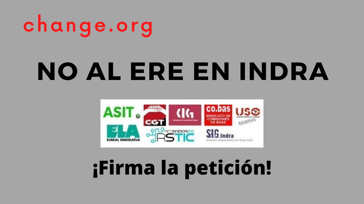 No al ERE en Indra - ¡Firma la petición! Ayúdanos a salvar 1036 puestos de trabajo chng.it/HYNSvVFG a través de <a href="/change_es/">Change.org España</a> #NoalEREIndra <a href="/RedSindicalTIC/">Red Sindical Tic</a> @RsticAltran <a href="/RsticGft/">RSTIC GFT</a> <a href="/AtosRstic/">RSTIC Atos</a> <a href="/RicohRstic/">RSTIC RICOH ESPAÑA</a> <a href="/RSTIC13Tsystems/">Mazinger</a> <a href="/ConchiAbellan_/">Conchi Abellan</a> <a href="/IndraCompany/">Indra</a> <a href="/empleogob/">Ministerio Trabajo y Economía Social</a> <a href="/Haciendagob/">Ministerio de Hacienda</a>
