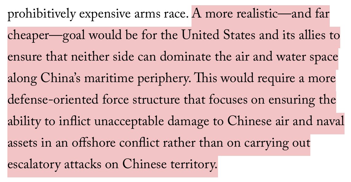 In terms of the response's authors' prescriptions, they recommend a "defense-oriented" force structure able to inflict "unacceptable damage" to Chinese air and naval assets without strikes on Chinese territory.