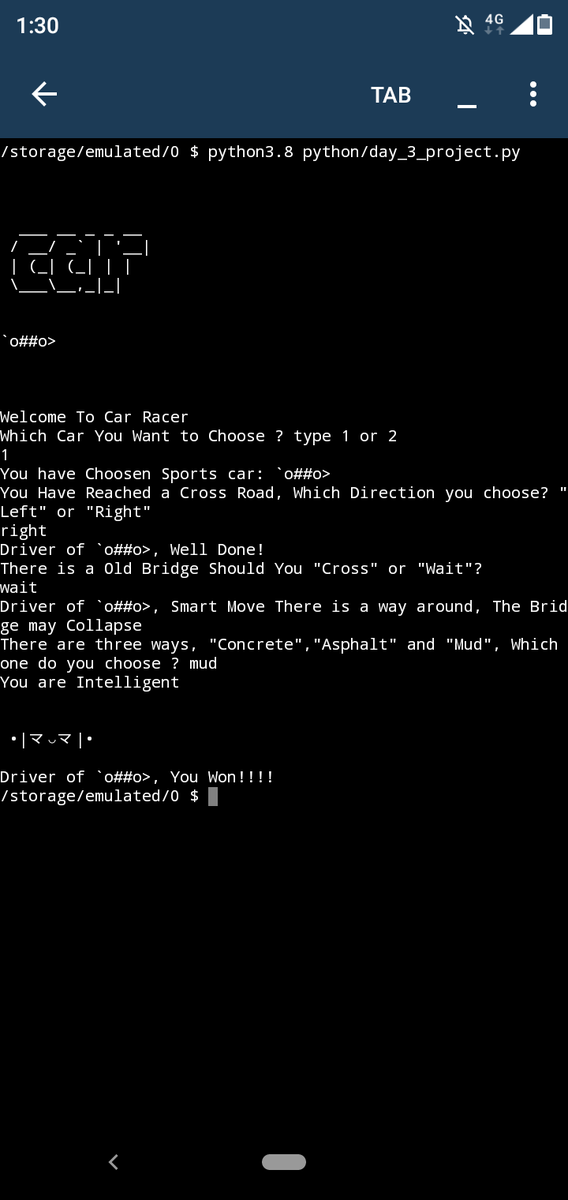 N_Suraj_Kumar's tweet photo. Day 3 - #100DaysOfCode Challenge.

I build a RPG Car Game.
I learnt about Python conditionals, Logical Operators, If Statement 
and Nested If Statements.
Also lower() and count() methods

 I am following the 
@100daysofpython

 course by 
@yu_angela
 and 
@LondonAppBrewer
 . https://t.co/fmdQV1nIVd