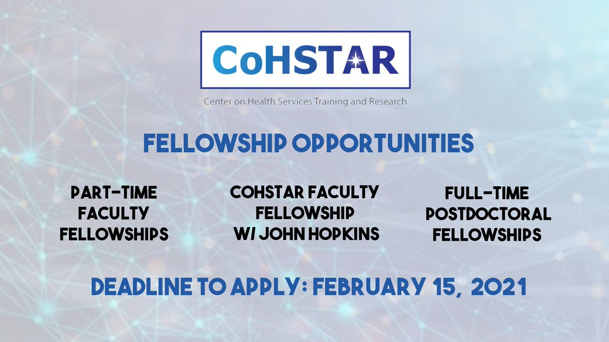 CoHSTAR_PT's tweet photo. #ICYMI - CoHSTAR is pleased to announce a new round of fellowship opportunities for physical therapist researchers interested in developing their careers as health services researchers. The application deadline is February 15th, 2021.
#PT #CoHSTAR
Link - https://t.co/TyPPJtIwl5 https://t.co/fRSPAUwTZa