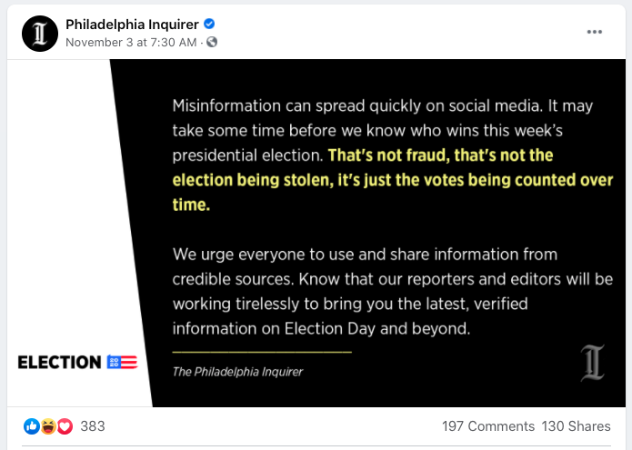 Remind your audience that this situation was expected. We knew counting votes would take longer than usual. Link to previous coverage, and point out that this narrative has been consistent. Get inspiration from posts like this one from  @PhillyInquirer. (3/)