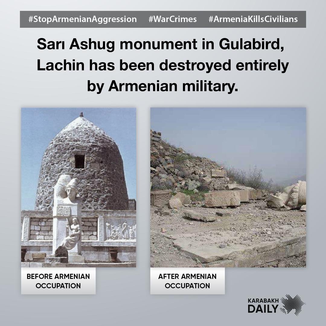 KarabakhDailyN's tweet photo. What kind of a person one has to be to destroy a historical monument? #Armenia/n vandals destroyed the Sarı Ashug memorial — a symbol of #Azerbaijan “Ashug” art in #Lachin region! The author of Sari Ashug’s monument has vowed to restore it. Sari Ashug will rise again!🇦🇿 https://t.co/HbyebdRWwx