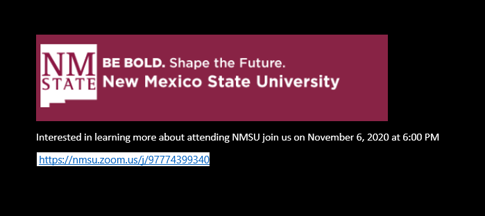 hmbrindl's tweet photo. NMSU hosting a virtual information night.  Interested, check it out! https://t.co/LUtbv5jgSb