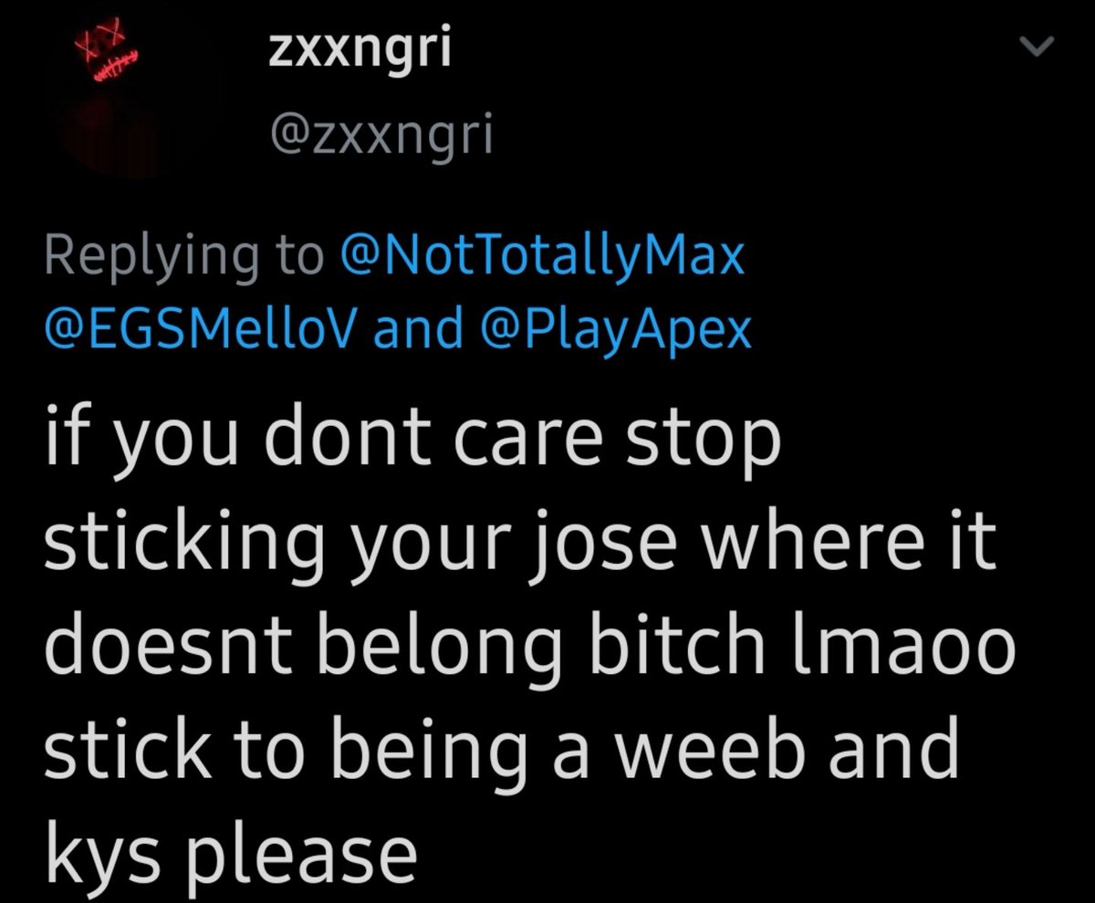 ThatNingen's tweet photo. @NotTotallyMax @zxxngri @EGSMelloV @PlayApex Nice save telling me to kill myself and then blocking me lmao. https://t.co/0pagqVGXbR