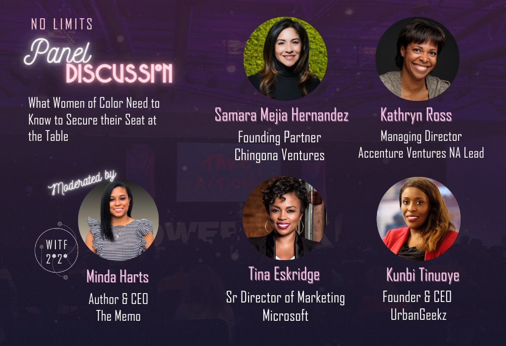 WiTFestival's tweet photo. @SamaraMHernandz , @Accenture's Kathryn Ross, @MindaHarts, @Microsoft's Tina Eskridge & @Kunbiti are going to take the virtual stage to discuss what women of color need to know in order to secure their seat at the table. 👊✨
Don't miss it! https://t.co/5TQLkuDxXN
#WiTF2020 https://t.co/vcO6Q9ikST