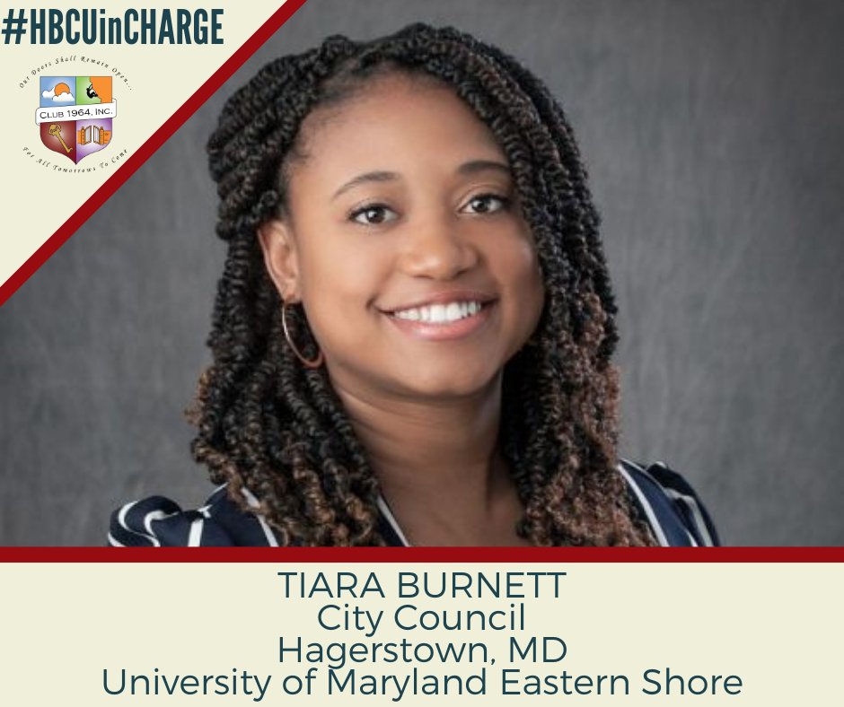 Club1964Inc's tweet photo. Congrats to Tiara Burnett, alumna of University of Maryland Eastern Shore, on her success in joining City Council (Hagerstown, MD). We know she'll do well in achieving her vision of a "prosperous, vibrant, and dynamic city." #HBCUinCharge 

#UMES #HerStory #WelcomeToHBCUWorld https://t.co/9Z3GMgGZoY