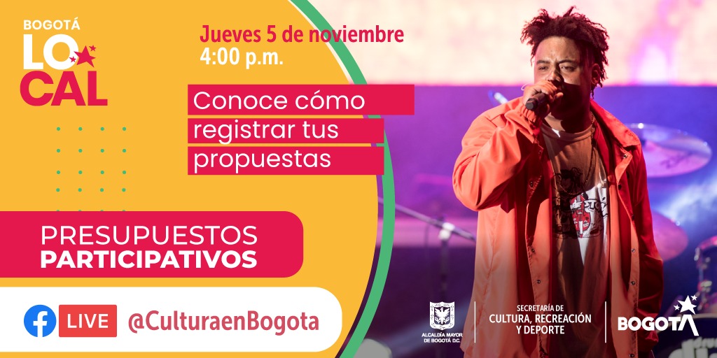 CulturaenBta's tweet photo. ¿Quieres más arte, cultura, recreación y deporte en tu barrio? 
Conéctate hoy, jueves 5 de noviembre, a las 4 p.m. y resuelve tus dudas respecto a los presupuestos participativos de tu localidad. No te lo pierdas 👉https://t.co/rZr6xzXBqO https://t.co/hbZi3c5buk