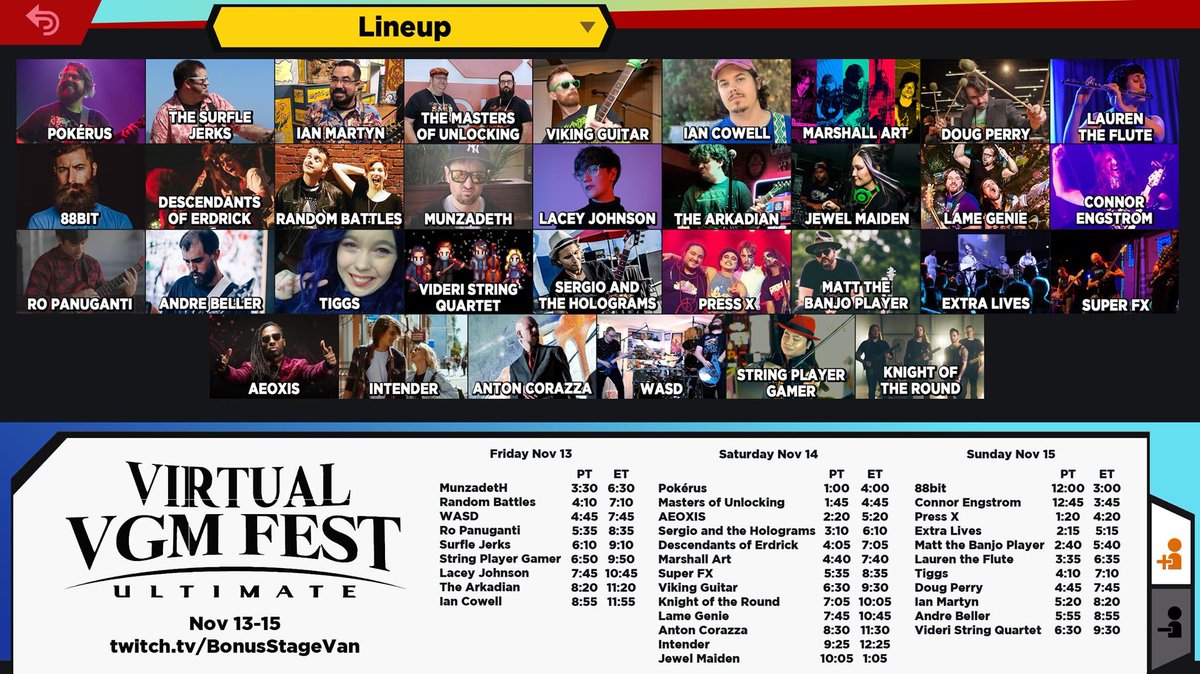 4/8 | 13th to 15th Nov: Virtual VGM Fest ULTIMATE insane lineup! https://www.twitch.tv/bonusstagevan&nbsp;