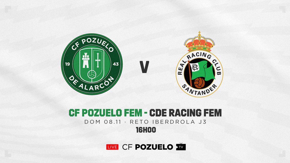 PozuFem's tweet photo. ⌚ HORARIO | @PozuFem  - @RacingFemenino 
 
🏆 #RetoIberdrola - Jornada 3
📅 Domingo 8 a las 16:00 h.
🏟 Valle de las Cañas. Partido a puerta cerrada 🔒

📺 https://t.co/KgTU0H7smG
 
#FamiliaVerde⚽💚 https://t.co/y9kGqhrUC1