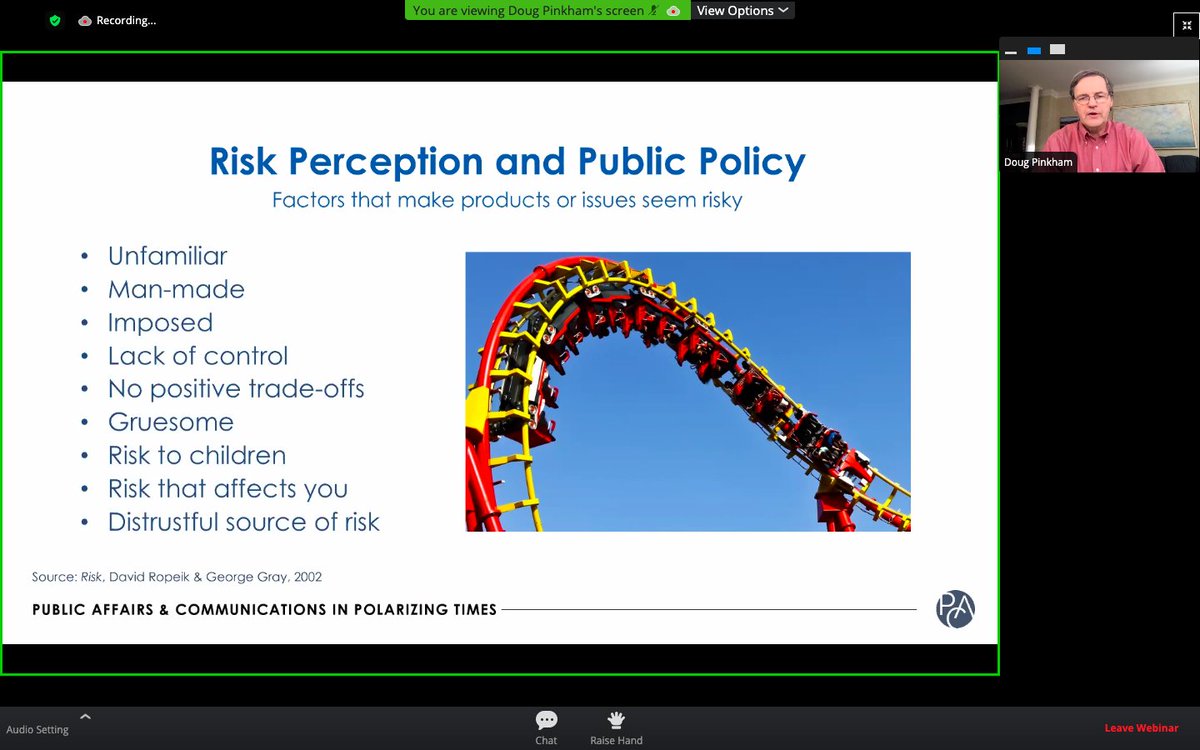 InstituteForPR's tweet photo. What causes risk? What makes people afraid? @dougfromDC from @PACouncil names these 7 factors that influence fear #IPRBridge20 https://t.co/dxFWveWwwn