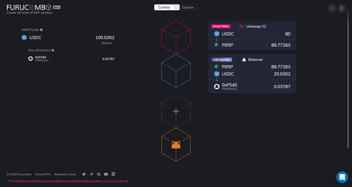 furucombo's tweet photo. Hop on @perpprotocol's incentive program to earn ~160% APR!🤑

How? 👉 https://t.co/sy3Glny7f0
1️⃣ Swap USDC to PERP
2️⃣ Add them to Balancer PERP/USDC pool, get BPT
3️⃣ Stake BPT in https://t.co/HGIba4B39w
↪️ Earn more $PERP

#combochallenge https://t.co/GZ7yuDk56c