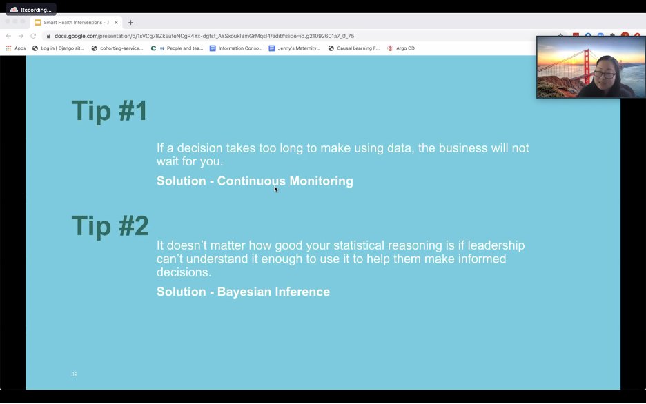 BJKStephenson's tweet photo. Grateful to be able to end this week with friend/colleague @datajyang from @clover_health crashing my virtual office hours to share with my class Bayesian approaches in data science that optimize interventions in #HealthTech https://t.co/r9McoDJUIZ