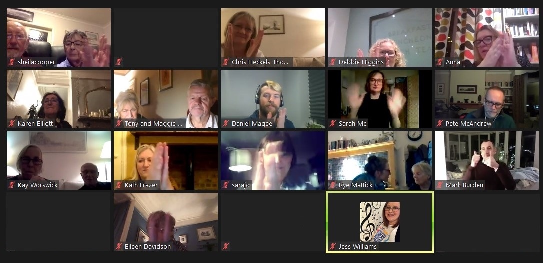 peoplestheatre's tweet photo. Last night some PTAG members got together on Zoom to take part in a dance-along to @AlisonCarr_'s new audio play #WeStartToDance!
We're not going to let Lockdown#2 stop us from experiencing arts & culture together and having fun 💃🕺👏👏🎧
Take part: https://t.co/um1VhPBAhi https://t.co/K5lk3KQcFw