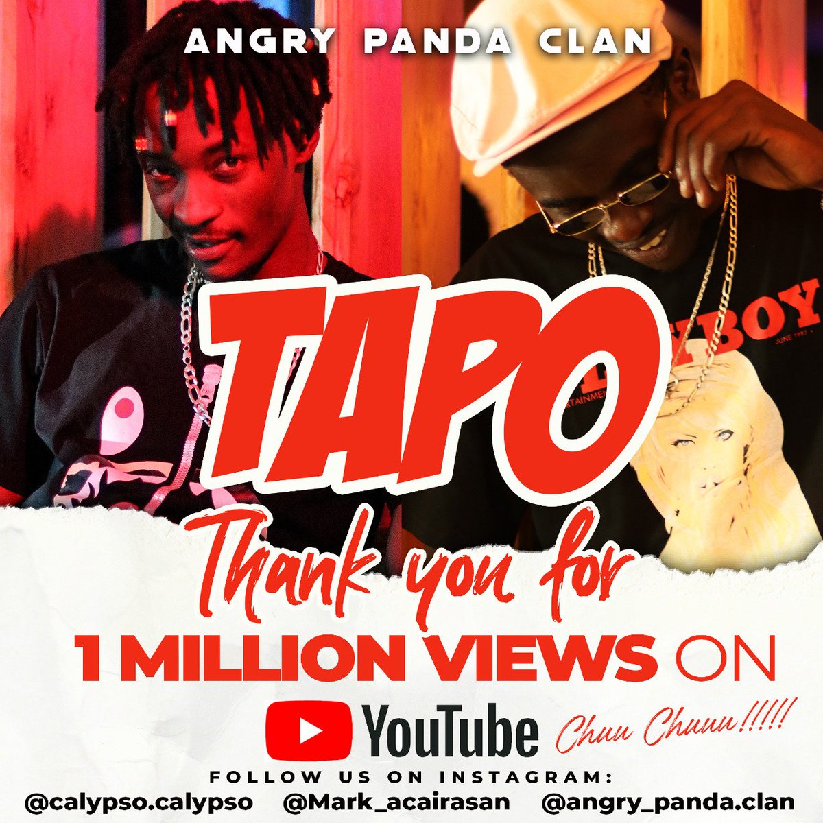 angrypandaclan_'s tweet photo. We want to thank our loyal fans for helping us clock 1 million  views on Youtube for our hit song #tapo Thanks guys. You inspire us. We are doing this for you. Mad, mad love.

Chu Chuu 🐼🐼 https://t.co/mvITgBm4ET