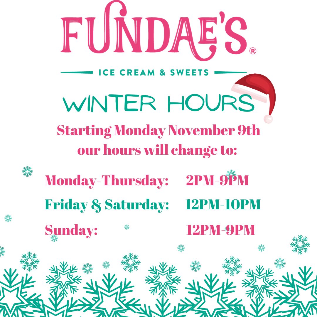 visitFundaes's tweet photo. Winter is coming ❄️☃️

So we are amending our hours for the coming winter months! Starting this Monday November 9th the new hours will be in effect! 

#sharetheword #speedwayindiana #whitestownindiana #icecream #winteriscomimg https://t.co/OesCzY7uYd