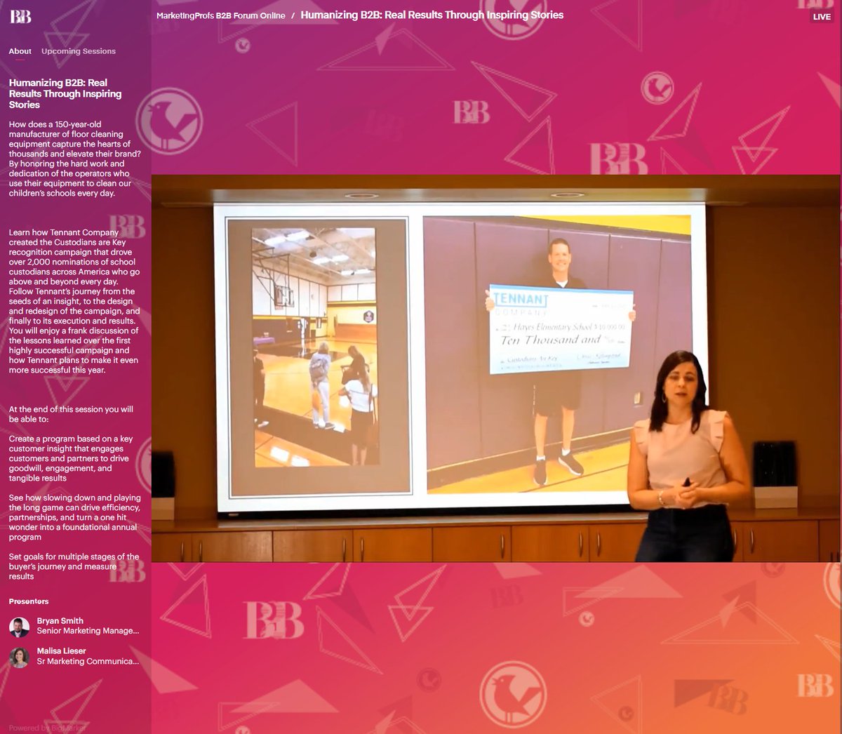 BinkMarketeer's tweet photo. I love that you're standing in front of a screen.  Everyone has been sitting in their desk with a very high-quality lighting.  It's refreshing to see someone in a familiar setting from the before-times.  @malisalieser #mpb2b https://t.co/RHSuHo0c2K