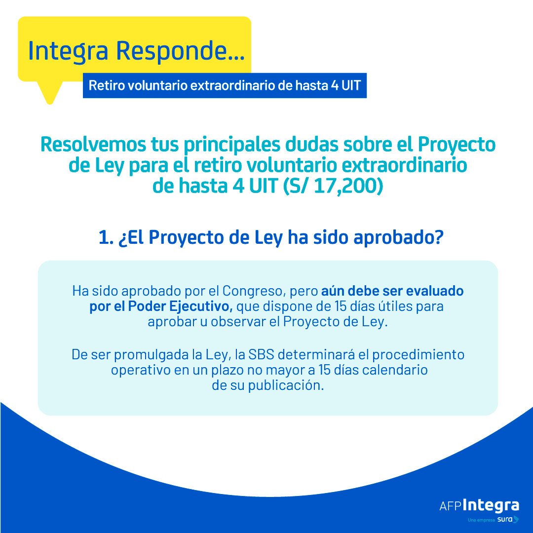 AFP_Integra's tweet photo. #IntegraResponde: Resolvemos tus principales dudas sobre el Proyecto de Ley que permitiría el retiro voluntario extraordinario de hasta 4 UIT (S/ 17,200).
En AFP Integra reafirmamos nuestro compromiso de mantenerte siempre informado a través de nuestros canales remotos. https://t.co/9RRuFEcQmn