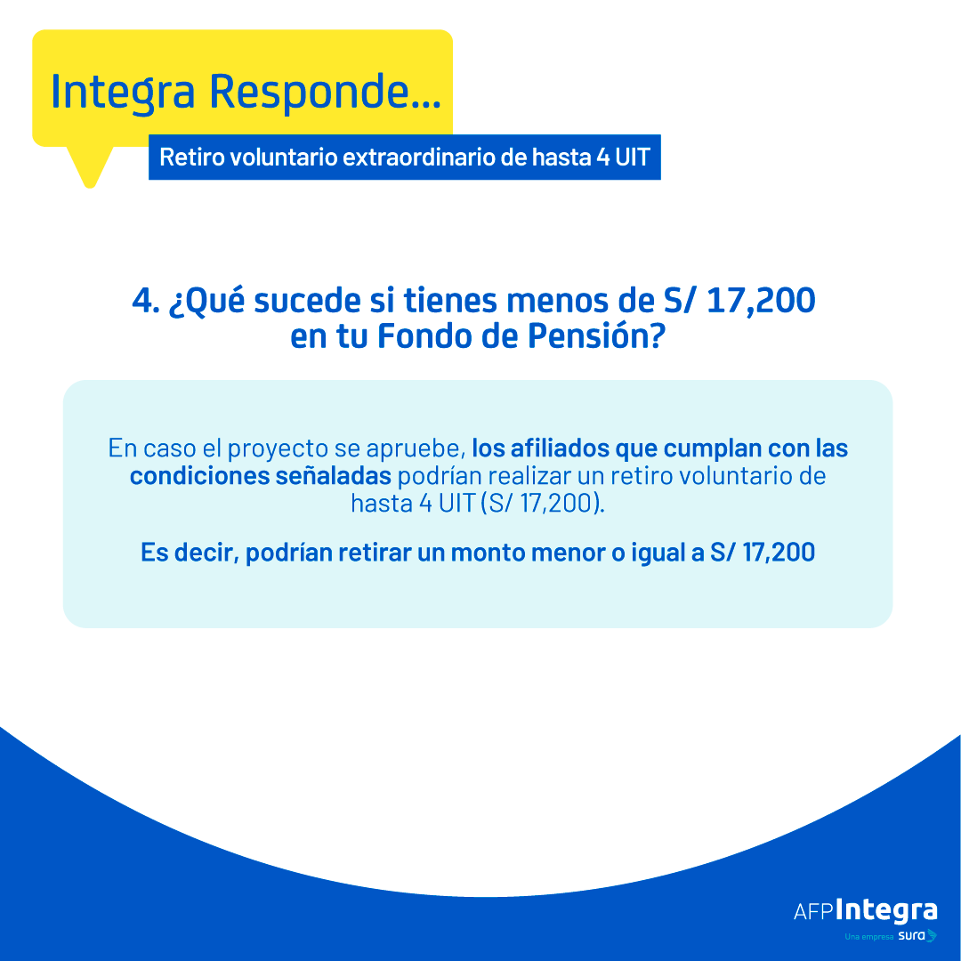 AFP_Integra's tweet photo. #IntegraResponde: Resolvemos tus principales dudas sobre el Proyecto de Ley que permitiría el retiro voluntario extraordinario de hasta 4 UIT (S/ 17,200).
En AFP Integra reafirmamos nuestro compromiso de mantenerte siempre informado a través de nuestros canales remotos. https://t.co/9RRuFEcQmn