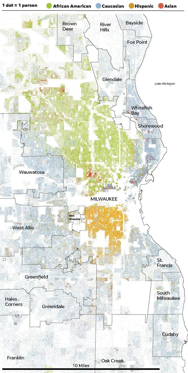 And as a result of this long history of discriminatory housing policy, Milwaukee remains the most segregated city in America. The similarities to the red lining map above are immediately visible.