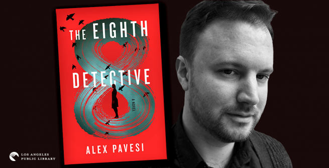 "The eight detective" book cover and headshot of Alex Pavesi