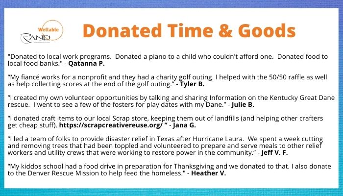 Over the course of our “Wellness for a Cause” challenge, our Rand employees volunteered time, energy, and much more to help those in their local communities.  

Take a look at some of the ways our team donated time and goods in their local communities!