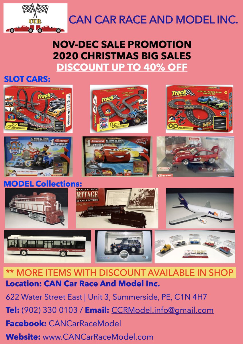 CANCarRaceAndM1's tweet photo. π π π CCR Model Nov-Dec Promotion πππ
Our shop will have a Christmas promotion from now on to Dec-2020, you can take the speedy slot cars and fantastic collective model products at a discount price. ππππππβοΈ
#ChristmasGifts #SlotCar #ModelCollections #PE #Summerside https://t.co/6ABaHlxvhF