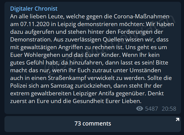 schwurbelwatch's tweet photo. Thomas "Digitaler Chronist" #Grabinger teilt mal wieder heiße Infos zu #le0711.

Aus "zuverlässigen Quellen wissen wir, dass mit gewalttätigen Angriffen zu rechnen ist. [...] Bitte macht das nur, wenn Ihr Euch unter Umständen in einen Straßenkampf verwickelt zu werden.

WHAT?! https://t.co/rFJN9HihZY