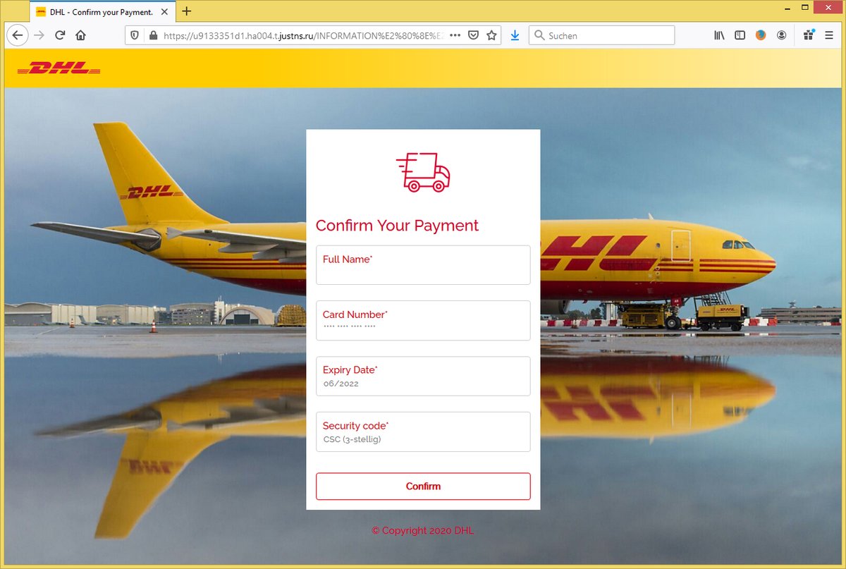 neoxmorpheus1's tweet photo. Bereits seit Wochen werden angebliche E-Mails unterschiedlicher Paketdienste, hier am Beispiel von @DHLPaket, mit der Aufforderung zur Zahlung einer kleinen Gebühr versendet. Vorsicht: Kreditkarten- #Phishing. Link nicht anklicken / keine Daten eingeben! https://t.co/ei7viS6I8V