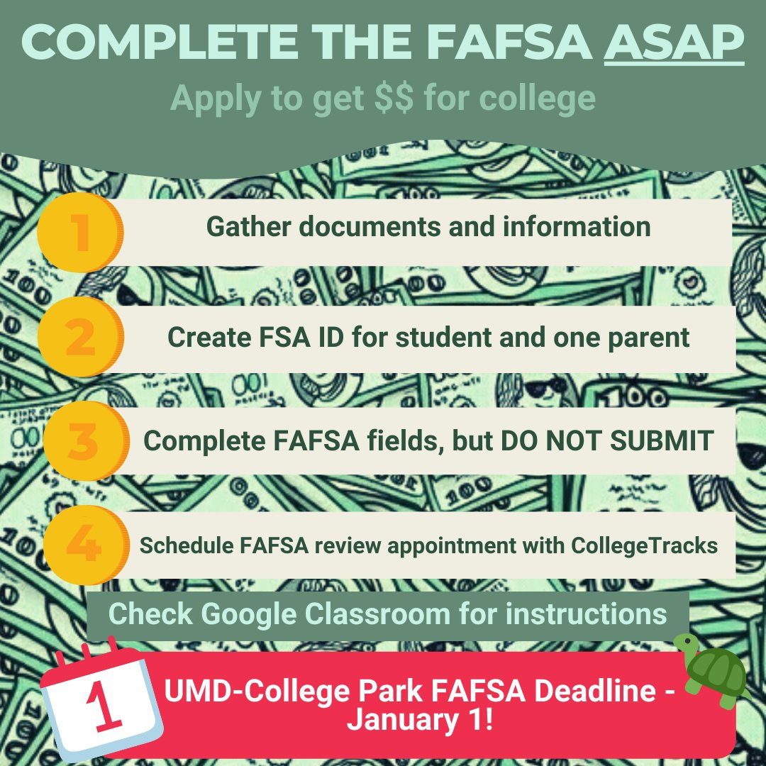 collegetrackswh's tweet photo. 💰 Now that the craziness of Nov. 1 is past us, it's time to do your FAFSA! Schedule your hour long, Financial Aid Review appointment today! Instructions are in Google Classroom. https://t.co/6h7o1aYVAY