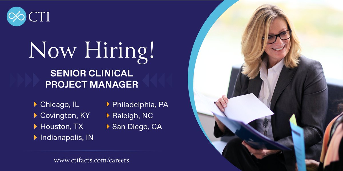 CTIClinical's tweet photo. Our Clinical Project Management department is looking to add an experienced CPM to their team! We have this position open to a variety of our US-based offices.
To find out more and to apply, visit https://t.co/IHxRAevVoO
#Hiring #Careers #ClinicalProjectManagement #CMP https://t.co/9GVIe9Eup4