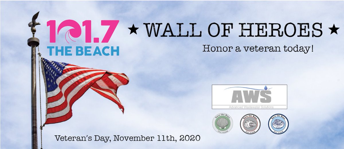 beachradio1017's tweet photo. We're honoring Veteran's Day this year with the 101-7 The Beach Wall of Heroes. Share a photo of a veteran in your life to highlight them on our website: https://t.co/sONys6InNI

Powered by Advanced Wastewater Solutions https://t.co/3nb0WZqP55