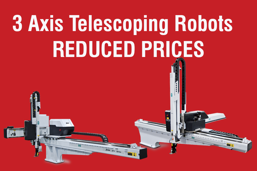 ShiniUSA's tweet photo. Newly Reduced Prices on 3-Axis Telescoping Robots. All units shown in-stock.  Visit https://t.co/49GNo4CKWc for models and pricing. #injectionmolding #Robots #plastics https://t.co/sC28WZGSNI