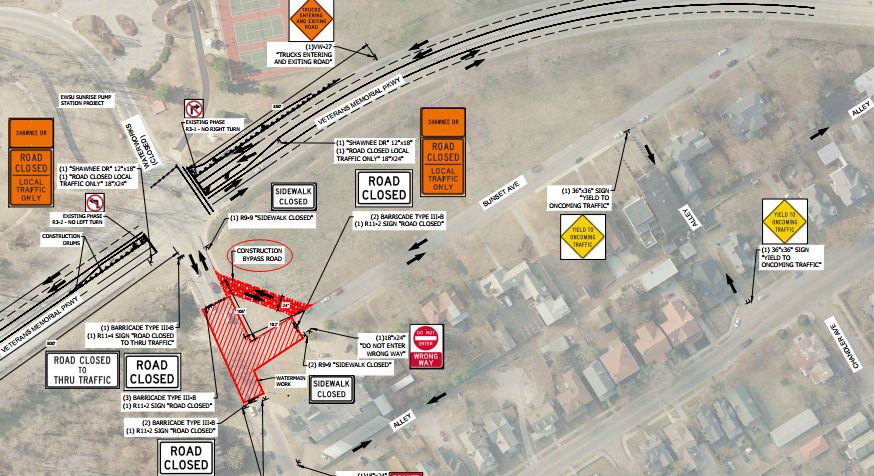 EWSUtility's tweet photo. Traffic Advisory: The intersection of Shawnee Dr. &amp; Sunset Ave. is being restored this week following work on a 36” water main related to the Sunrise Pump Station project. The intersection should reopen within the next 10 day. Access remains open via a temporary gravel road. https://t.co/NguaKWM3gb