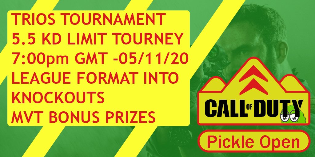 BranPickle's tweet photo. LAST MINUTE TOURNAMENT, LET BRAN PICKLE TAKE YOUR FRIDAY NIGHT TO THE TOP LEVEL. 

One last big weekend on modern warfare before the release of cold war!  

TAG YOUR SQUAD
#PickleOpen #CoD #Warzone #ModernWarfare https://t.co/lDpBNbiSof